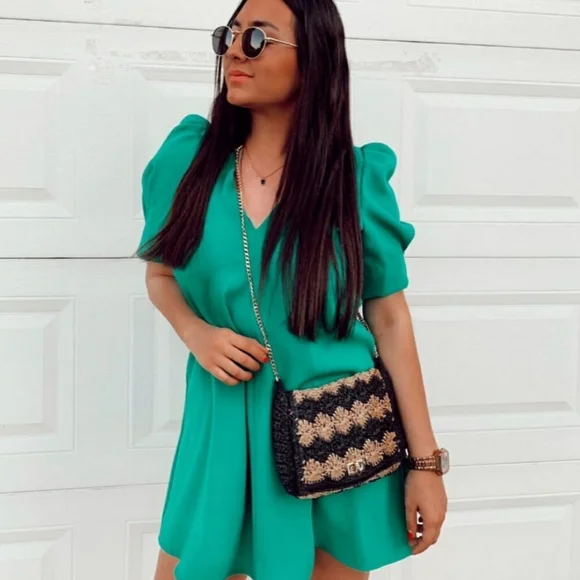 zara green dress short GINGHAM MINI DRESS - Greens
